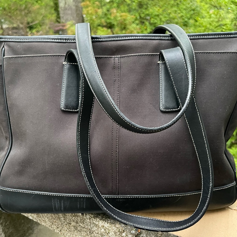 Coach Large Tote Black Leather Nylon Shoulder Bag Diaper Bag - Picture 2 of 8